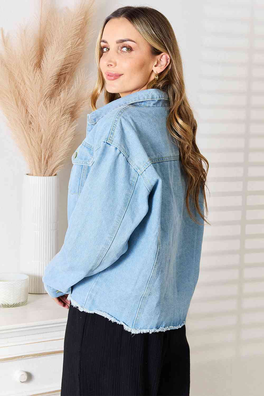 Double Take Dropped Shoulder Raw Hem Denim Jacket - Love Salve